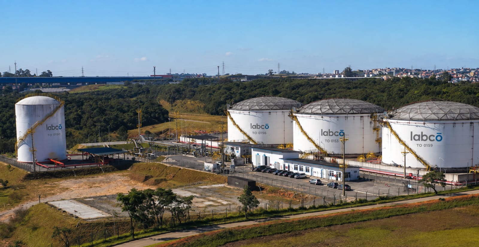 Aerial view of Labco-branded oil storage tanks at a terminal